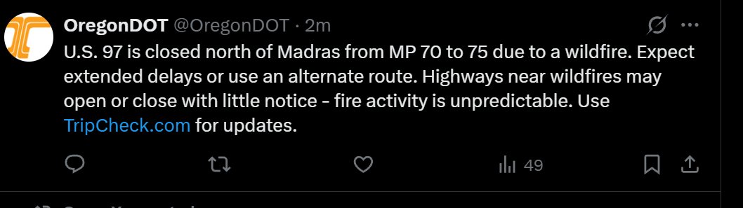 LivingInKaos's tweet image. Just a heads up for anyone doing some Oregon traveling today or near future - The Cram fire over in Central Oregon has exploded and has found its way to HWY 97 closing the hwy from just north of Willowdale. If you are traveling in the area soon, be sure to check for updates on…