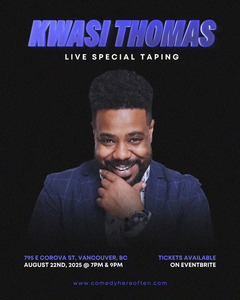 ComedyHereOften (@comedyhereoften) on Twitter photo 🎤Kwasi Thomas is filming his Debut Live Comedy Special! You've seen him on TV Shows on Netflix & Crave. You don't miss out on being part of the audience, it's gonna be a good one!
⏰ August 22nd, 2 Shows: Early 7PM / Late 9PM <a href="/604StudiosVan/">604 Studios</a>
🎟️Tickets: eventbrite.ca/e/kwasi-thomas… 🎤Kwasi Thomas is filming his Debut Live Comedy Special! You've seen him on TV Shows on Netflix & Crave. You don't miss out on being part of the audience, it's gonna be a good one!
⏰ August 22nd, 2 Shows: Early 7PM / Late 9PM <a href="/604StudiosVan/">604 Studios</a>
🎟️Tickets: eventbrite.ca/e/kwasi-thomas…