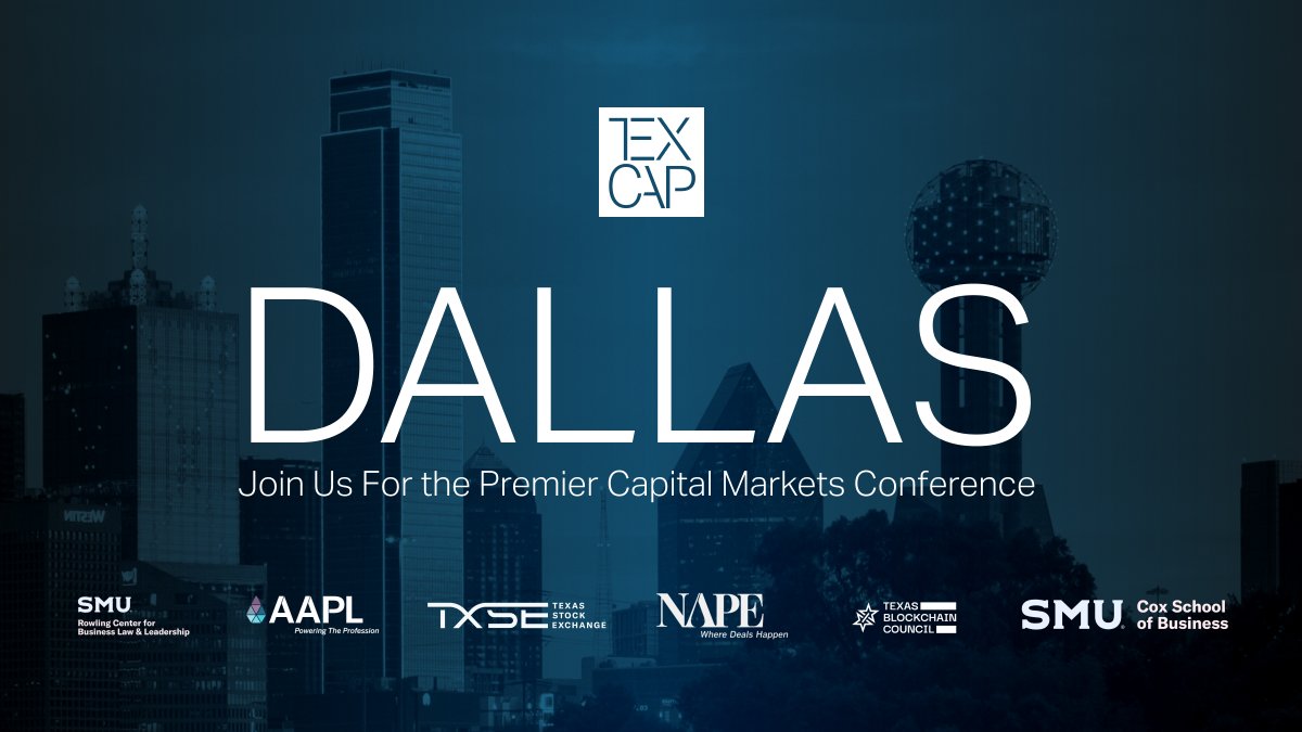lee_bratcher's tweet image. ANNOUNCING TexCap - Future of Finance. A Texas capital markets event.
The @TXblockchain_ is proud to team up with @AAPLlandman, @NAPE_Expo, @SMURowlingCtr, @SMUCox and the Texas Stock Exchange to host this groundbreaking event!
Learn more at texcapcon.com