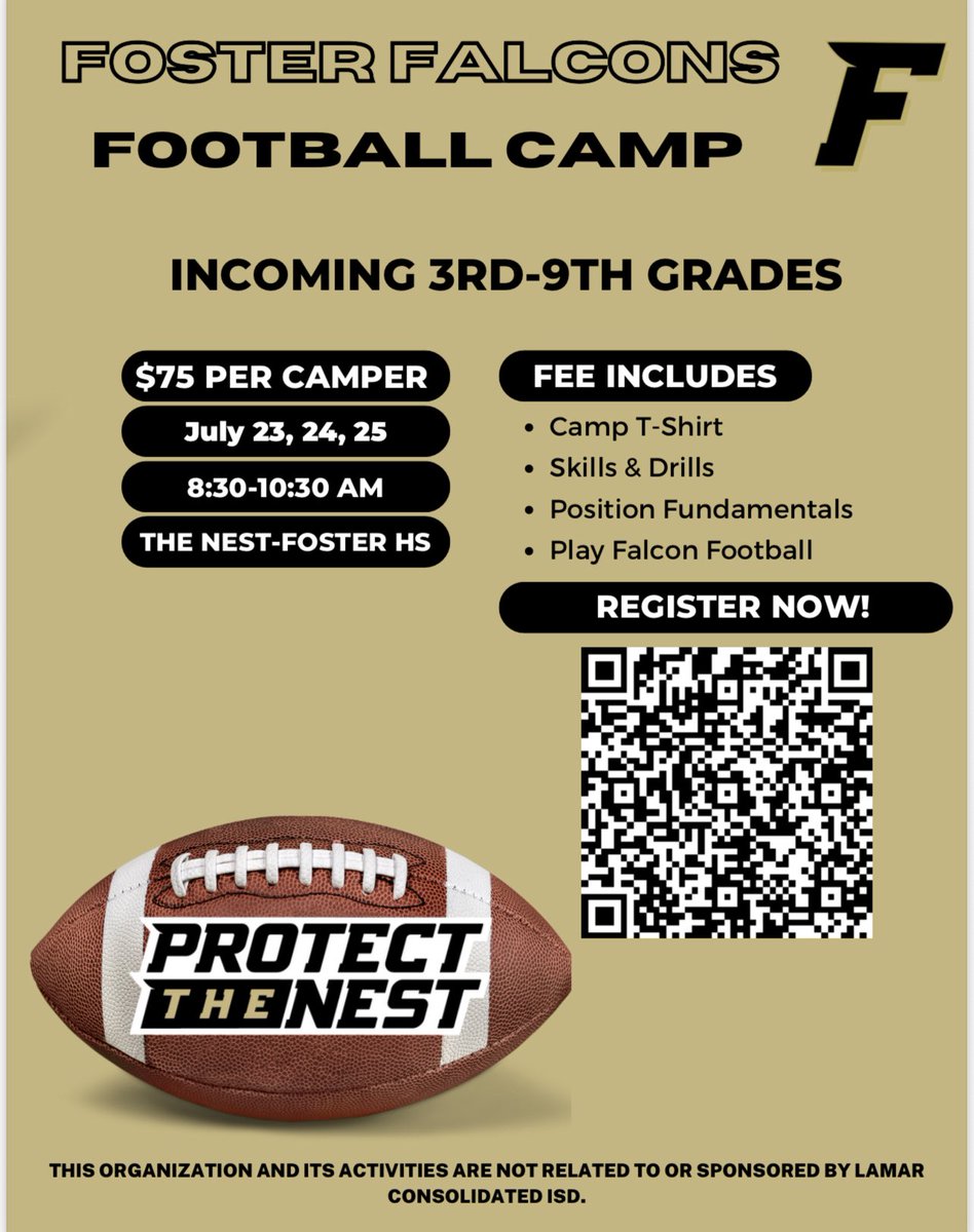 Foster Football (@fosterfootball) on Twitter photo Foster Football Camp next week!!! Get signed up!!! #PTN <a href="/AthleticsFoster/">Foster Athletics</a> <a href="/FHSABC_TX/">FHSABC</a> <a href="/FosterNews/">FosterFalconNews</a> <a href="/fbheraldsports/">Fort Bend Herald sports</a> Foster Football Camp next week!!! Get signed up!!! #PTN <a href="/AthleticsFoster/">Foster Athletics</a> <a href="/FHSABC_TX/">FHSABC</a> <a href="/FosterNews/">FosterFalconNews</a> <a href="/fbheraldsports/">Fort Bend Herald sports</a>