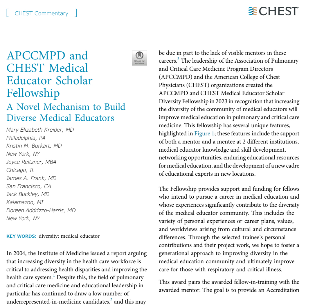 NYULangonePCCSM's tweet image. Thrilled to see Dr. Doreen Addrizzo-Harris featured in this commentary on the new @APCCMPD & @accpchest Medical Educator Scholar Fellowship 👏
🔗 journal.chestnet.org/article/S0012-…
#MedEd #PCCM