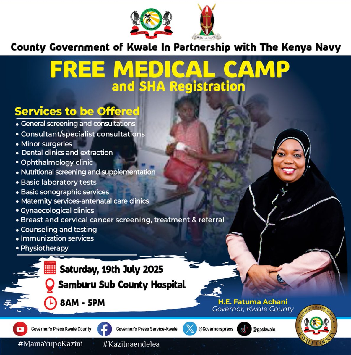 TANGAZO🎤🎤TANGAZO 🎤🎤 TANGAZOOO 🎤🎤📢📢,Serikali ya Gatuzi ya KWALE ikishirikiana na Jeshi la "KENYA NAVY" inawatangazia matibabu ya Bure  pale SAMBURU SUB COUNTY HOSPITAL tarehe 19 JULAI  kuanzia saa mbili ASUBUI.Nyote Mwakaribishwa