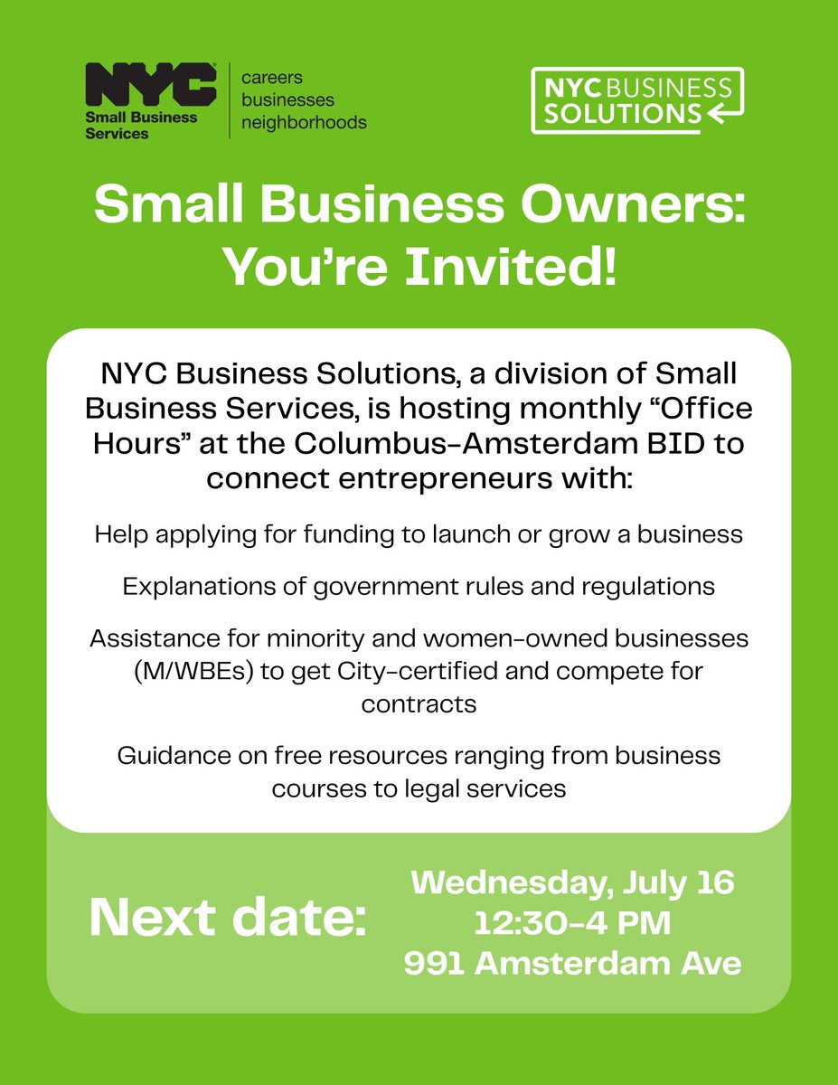 The Business Solutions Center is hosting more office hours for small bizs TOMORROW, 7/16 @ 12:30-4 PM. These info sessions are a great opportunity to learn about starting or growing your small business, staying up-to-date on city regulations, and more. We hope to see you there!