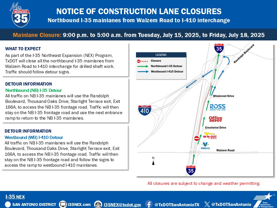 TxDOTSanAntonio's tweet image. LANE CLOSURE: I-35 northbound mainlanes from Walzem Road to I-410 interchange will be closed nightly from 9 pm to 5 am, Tuesday, July 15 until Friday, July 18 for drilled shaft work.