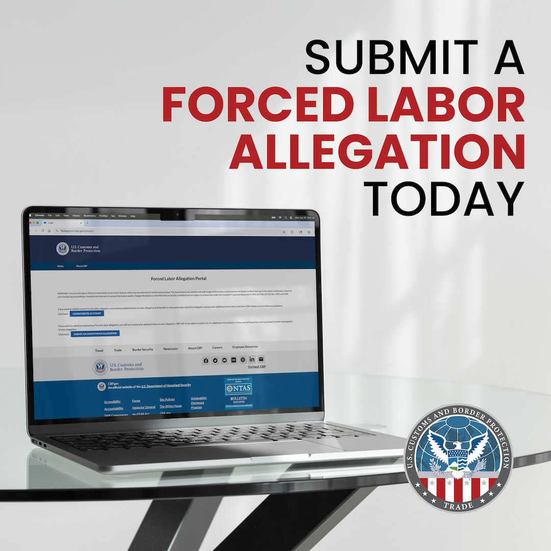 CBPTradeGov's tweet image. .@CBP is the global leader in keeping goods made with forced labor out of #SupplyChains. Now we have a new tool to combat forced labor: CBP’s Forced Labor Allegation Portal. Help identify forced labor and protect U.S. markets and submit allegations here: flallegation.cbp.gov