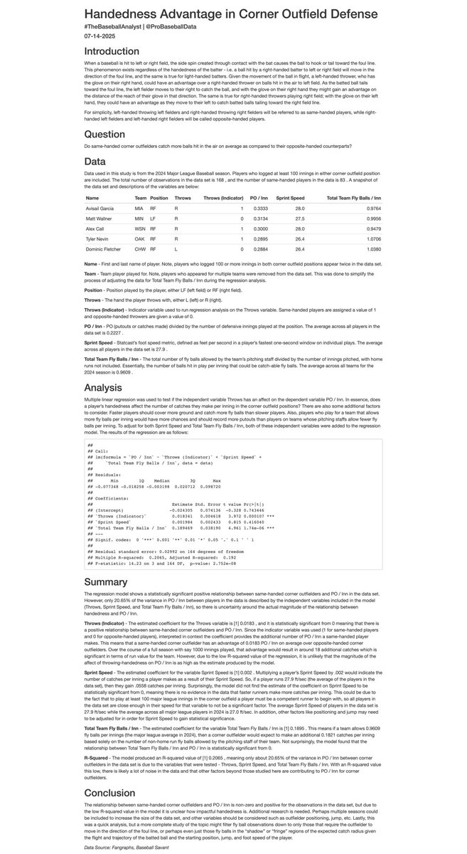 ProBaseballData's tweet image. Is there a handedness advantage for corner outfielders? The results say yes, but is the impact significant? #TheBaseballAnalyst