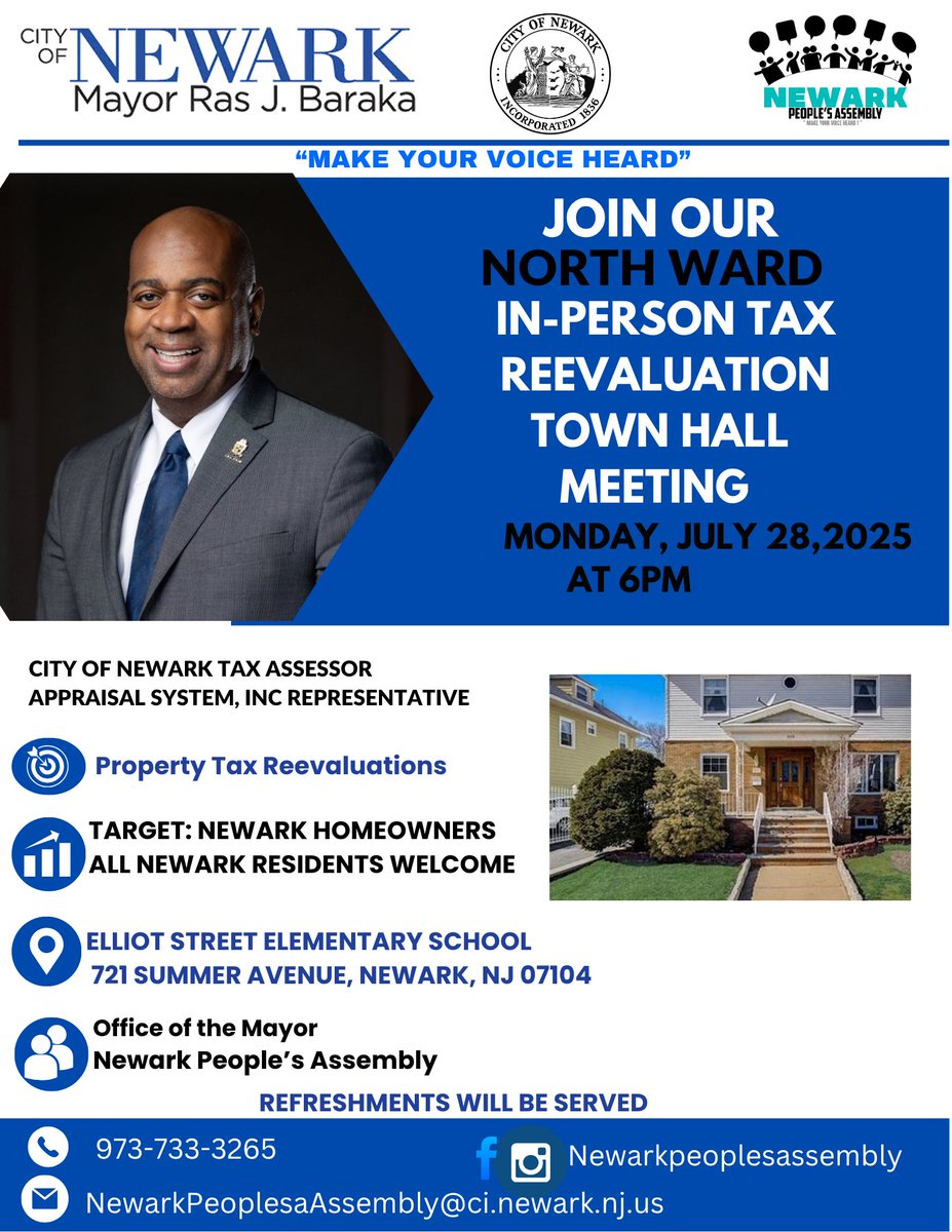 CityofNewarkNJ's tweet image. 📢 North Ward homeowners — make your voice heard!
Join us for an in-person Tax Revaluation Town Hall
🗓️ Mon, July 28 | ⏰ 6PM
📍 Elliot St. Elementary, 721 Summer Ave
💬 Learn, ask questions & connect with city reps.
🍽️ Refreshments served!
#NewarkNJ
