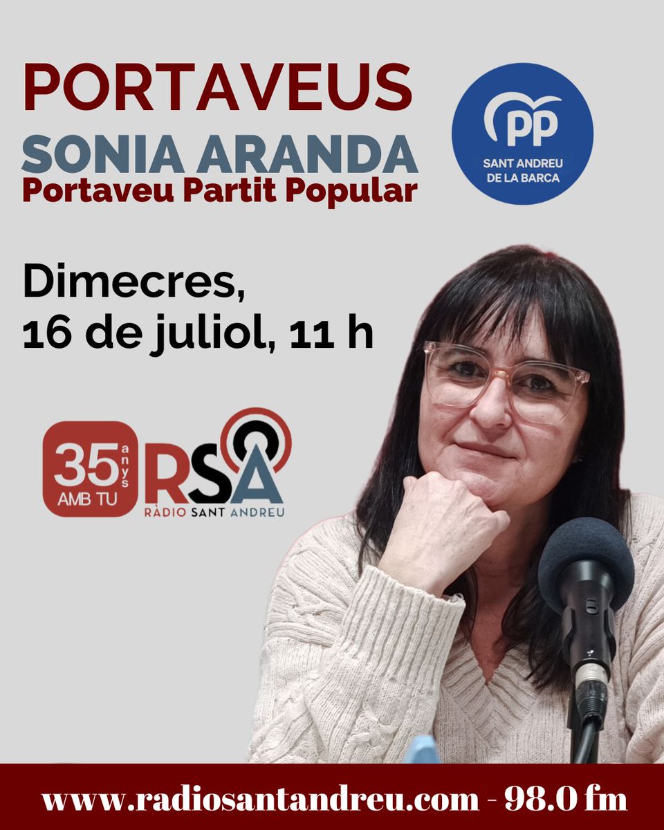radiosantandreu's tweet photo. Aquest dimecres 16 de juliol, a les 11h
Entrevista PORTAVEUS amb Sonia Aranda, portaveu del Partit Popular
A Ràdio Sant Andreu 98.0 fm i a https://t.co/QbndJsFsr5 https://t.co/0iVOb5Q4Bc