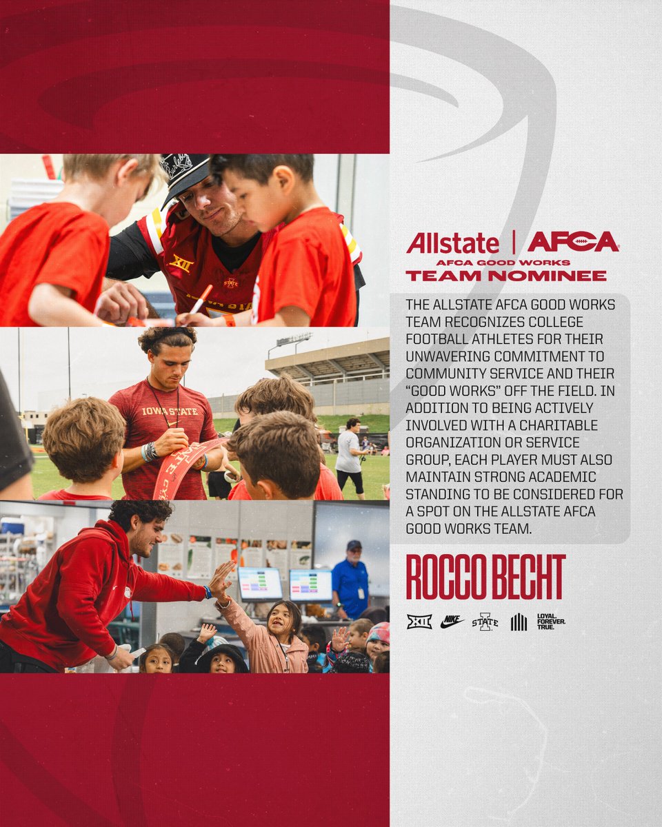 Iowa State Football (@cyclonefb) on Twitter photo Making a difference.
<a href="/RoccoBecht/">Rocco Becht</a> has been named an Allstate AFCA Good Works Team Nominee. Making a difference.
<a href="/RoccoBecht/">Rocco Becht</a> has been named an Allstate AFCA Good Works Team Nominee.