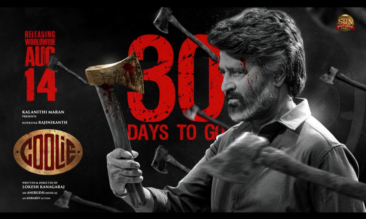 CinemaLetsknow's tweet photo. Karangal Osarattumey! Deva's takeover in just 30 days!🔥 #CoolieIn30Days 💥

#Coolie releasing worldwide August 14th 

@rajinikanth @Dir_Lokesh @anirudhofficial #AamirKhan @iamnagarjuna @nimmaupendra #SathyaRaj #SoubinShahir #shrutihaasan #hegdepooja
#CoolieFromAug14 https://t.co/MCihDpwWxL