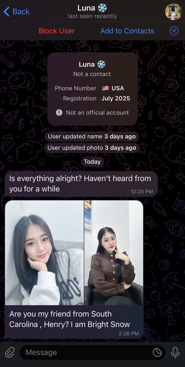 iAnonymous3000's tweet image. SCAM ALERT
If you get a random text from some attractive girl you’ve never met - it’s a scam. Period.
Look at the signs:
- She’s not in your contacts, but somehow has your number or username.
- The account was just created this month.
- She sends professional-looking photos and…