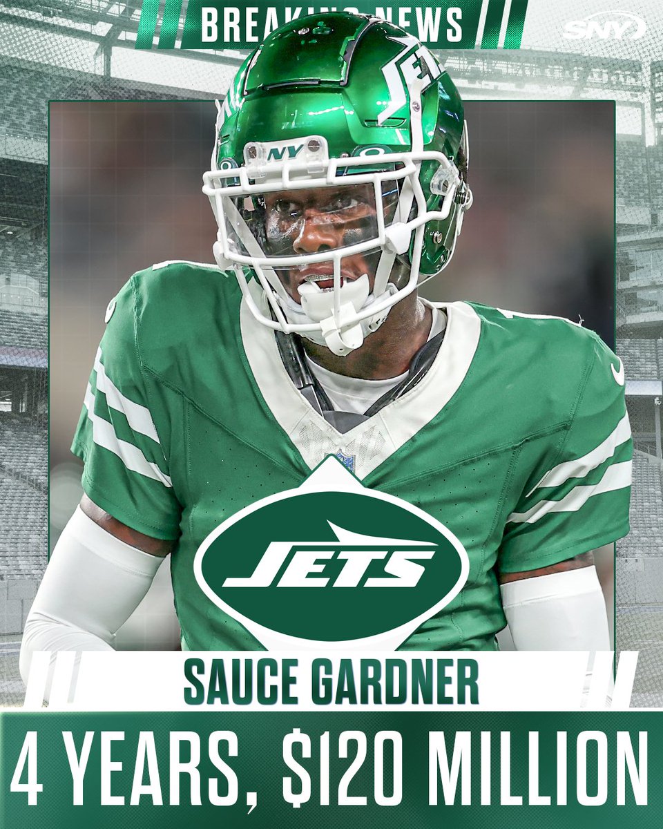 snyjets's tweet image. SAUCE GETS HIS DEAL 🔥
The Jets and Sauce Gardner have agreed on a four-year, $120.4M extension that will make him the highest-paid cornerback in NFL history, per multiple reports