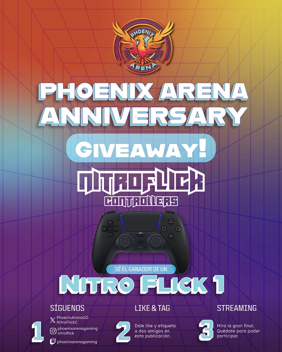🎉🔥 ¡GIVEAWAY DE ANIVERSARIO! 🔥🎉

Para celebrar nuestro primer aniversario, junto a nuestro patrocinador Nitroflick, tenemos para ti un Control Competitivo Nitroflick 1 🎮⚡ que puede ser tuyo.

¿Quieres ganarlo? Sigue estos sencillos pasos:

✅ Sigue las cuentas de