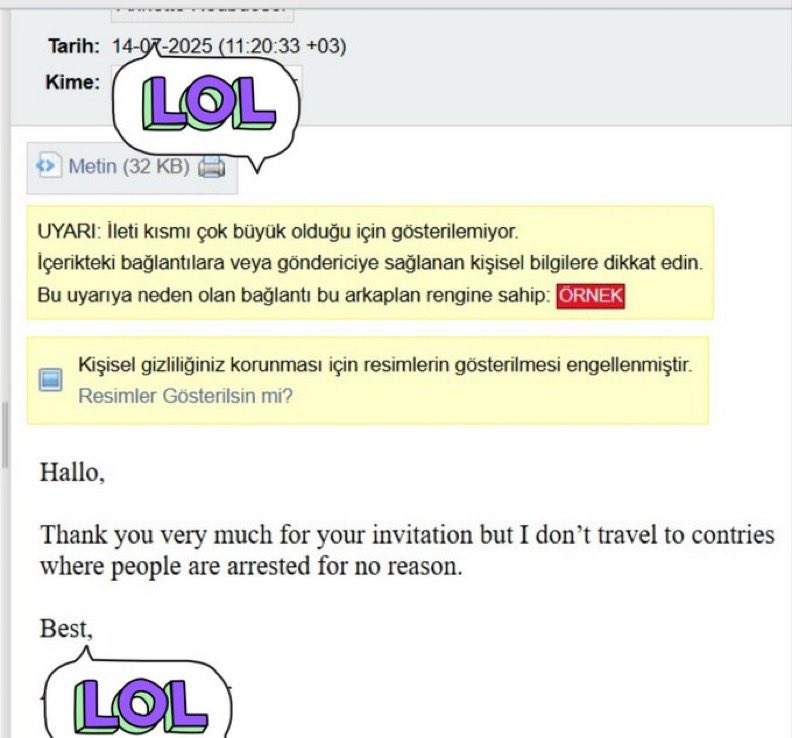 👨‍⚕️ Türkiye'deki bir kongreye davet edilen yabancı bir profesörün cevabı: “Davetiniz için teşekkür ederim.

📮 İnsanların gerekçesiz olarak tutuklandığı ülkelere gitmiyorum.”