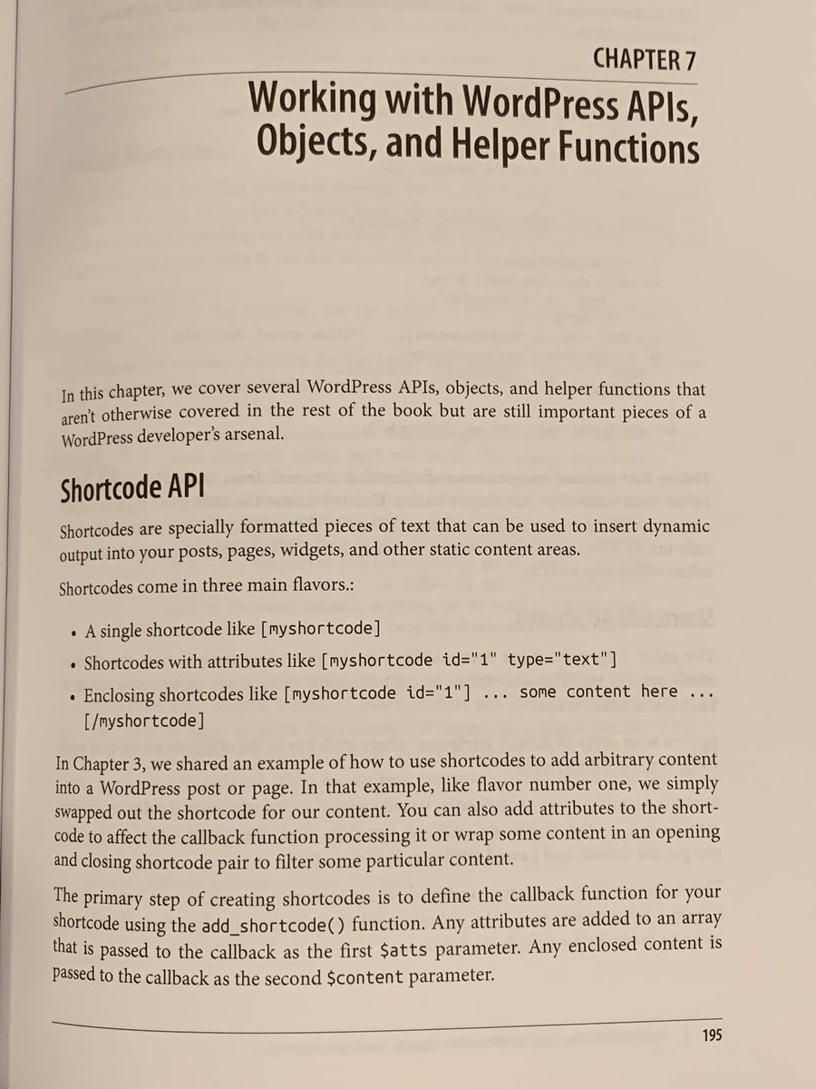 BWAwWP's tweet photo. Chapter 7 of #BWAwWP dives into #WordPress APIs, Objects, and Helper Functions. 🤓📗

One highlight: shortcodes—specially formatted tags that let you insert dynamic content into posts, pages, widgets, and more with just a simple snippet. https://t.co/yiEGlBkeUP