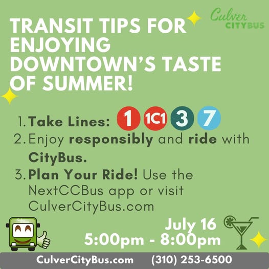 CulverCityBus's tweet image. 🍷 Summer-tini Time returns to Downtown Culver City!
On Wednesday, July 16, 2025, from 5–8PM enjoy drink tastings from participating businesses during the Downtown Business Association’s Taste of Summer: Third Wednesdays series.
#ThirdWednesday #SummerTini #CulverCityEvents