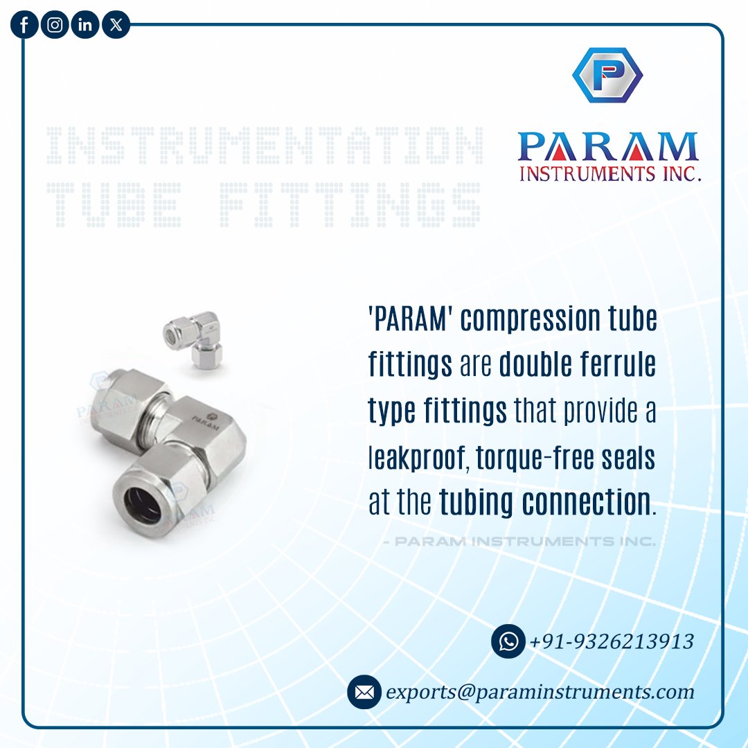 Param Instruments Inc. (@param_inc_) on Twitter photo PARAM compression tube fittings are double ferrule type fittings that provide leakproof, torque-free seals at the tubing connection.
Email : exports@paraminstruments.com
WhatsApp : +91 9326213913
#Industrial #Instrumentation #TubeFittings #Steel #FerruleFittings #MadeInIndia PARAM compression tube fittings are double ferrule type fittings that provide leakproof, torque-free seals at the tubing connection.
Email : exports@paraminstruments.com
WhatsApp : +91 9326213913
#Industrial #Instrumentation #TubeFittings #Steel #FerruleFittings #MadeInIndia