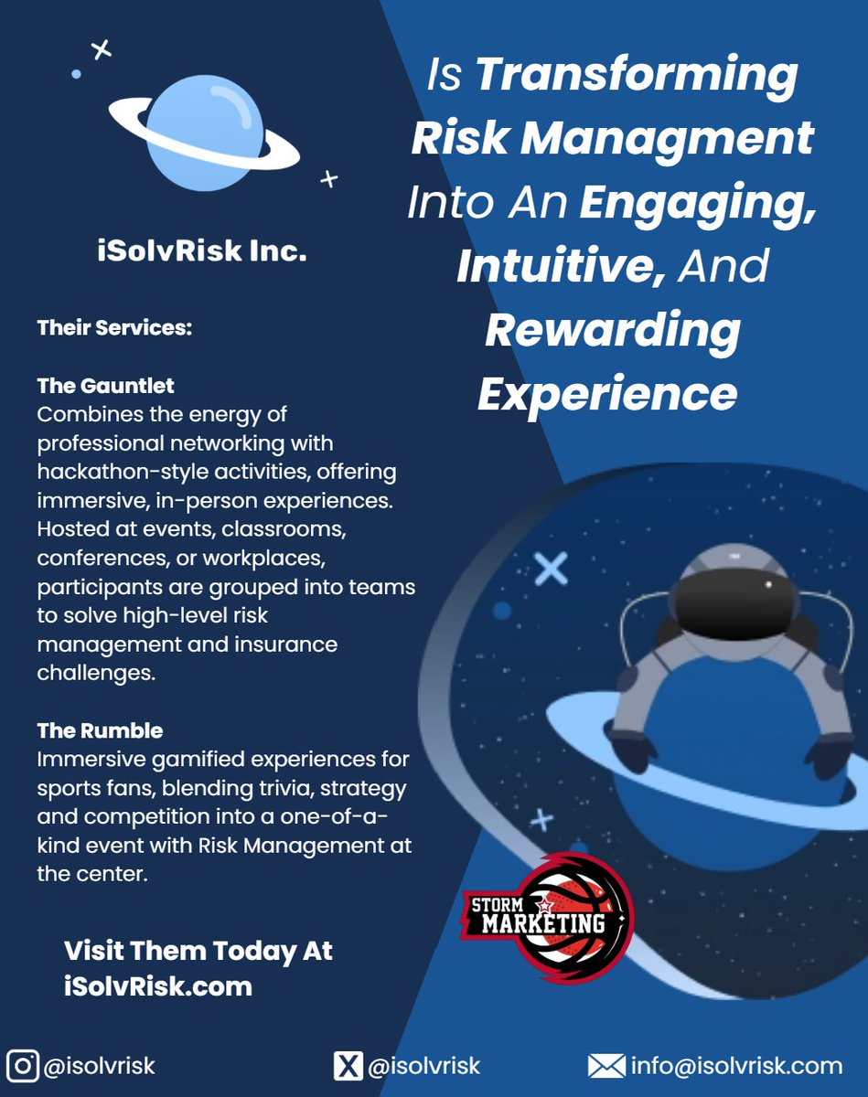 StormMarketing4's tweet image. By gamifying risk management, our friends at iSolvRisk are looking to bridge the gap between academic learning and real-world application, equipping individuals with essential decision-making skills for today's dynamic workforce
Don't miss out on their exciting Rumble Event on…