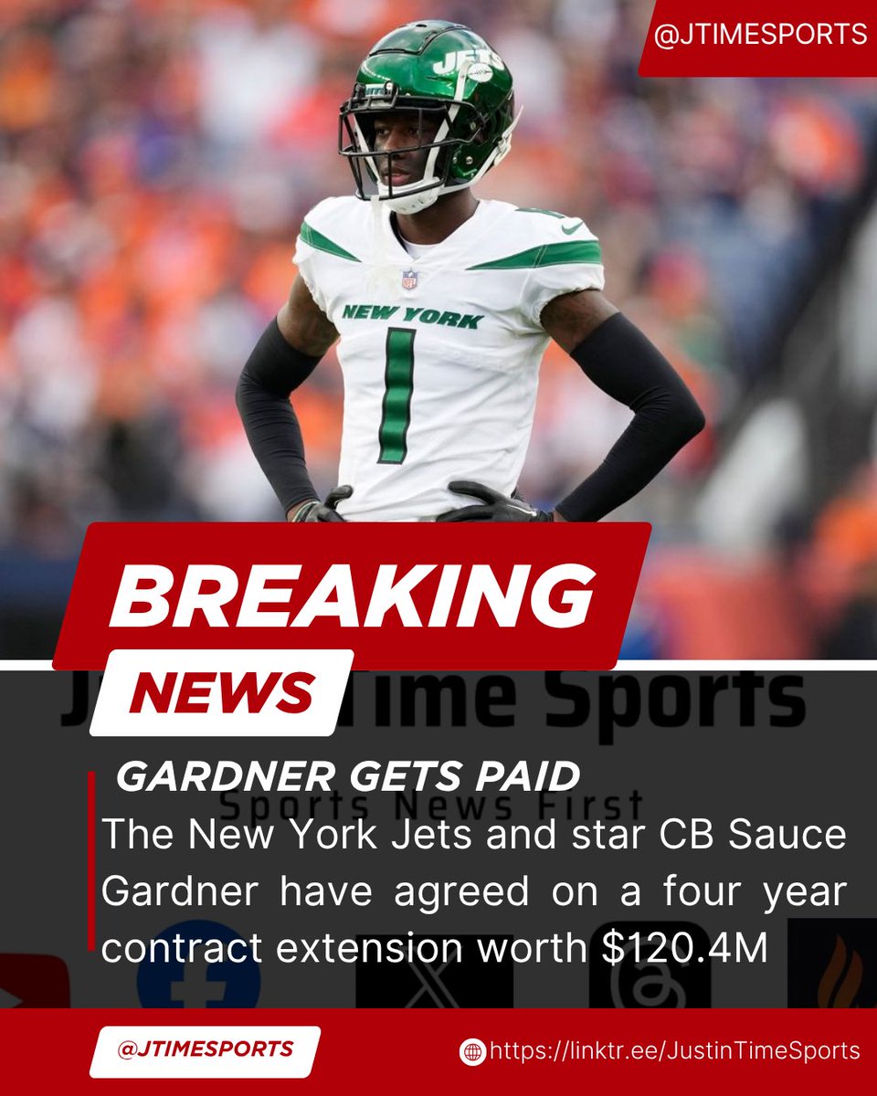 BREAKING: The New York Jets and star CB Sauce Gardner have agreed on a four year contract extension worth $120.4M making him the highest paid CB in #NFL history.