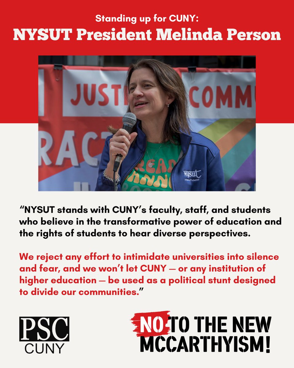 PSC_CUNY's tweet image. “We reject any effort to intimidate universities into silence & fear, & we won’t let @CUNY — or any institution of higher ed — be used as a political stunt designed to divide our communities.” - @NYSUT President @MelindaJPerson #HandsOffHigherEd @AFTunion @AAUP @CUNYRising @UCAFT
