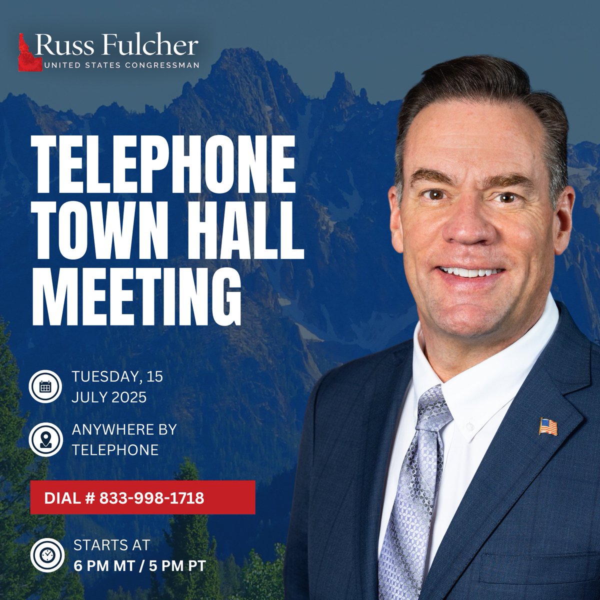 RepRussFulcher's tweet image. I am looking forward to another terrific ID-01 telephone town hall this evening!
Dial 833-998-1718 at 6 PM MT / 5 PM PT. There’s a lot to cover, I hope you will tune in!