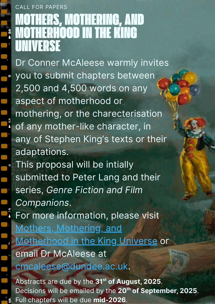 Delighted that my Call For Papers on Mothers, Mothering, and Motherhood in Stephen King now comes with a graphic!

For more information, please take a look at call-for-papers.sas.upenn.edu/cfp/2025/05/24…