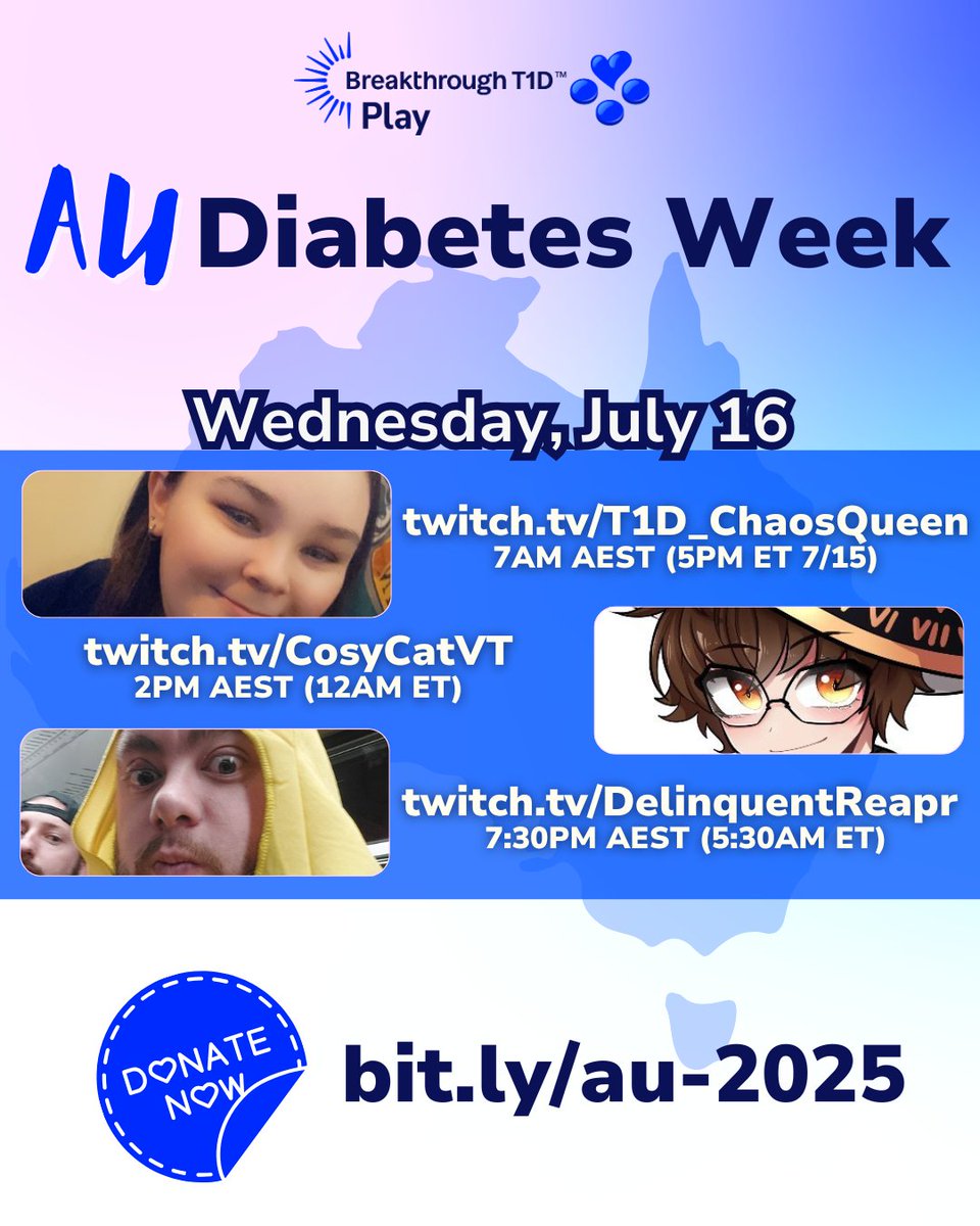 BT1D_Play's tweet photo. 🎮Day4️⃣of legendary Aussie gamers reppin’ #BreakthroughT1DAustralia — and we’re over halfway through #AustralianDiabetesWeek (ends July 19)! 🎮
💙These amazing beans are smashing that live button to raise funds + awareness for #Type1Diabetes
🕹️ Jump in a stream, chuck a dono if you can, & help us smash our goals!
#TwitchAU #CharityStream #DiabetesWeek
