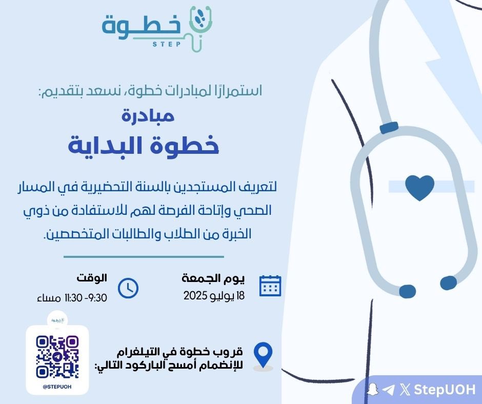 StepUOH's tweet photo. السلام عليكم ورحمة الله وبركاته✨.

👣خطوة تبارك لكم في قبولكم بالمسار الصحي ونتمنى لكم التوفيق في مسيرتكم الدراسية 🖤.

ورحلة الألف ميل تبدأ بخُطوة، خُطوة نحو التميّز، النجاح، والتفوّق 📝
😍 عدنا إليكم بـ مُـبـادرة 
" خُـطـوة البداية 👣 "
⏰ الموعد :
يوم الخميس الموافق 23 محرم. https://t.co/Z9W4MEIlBg