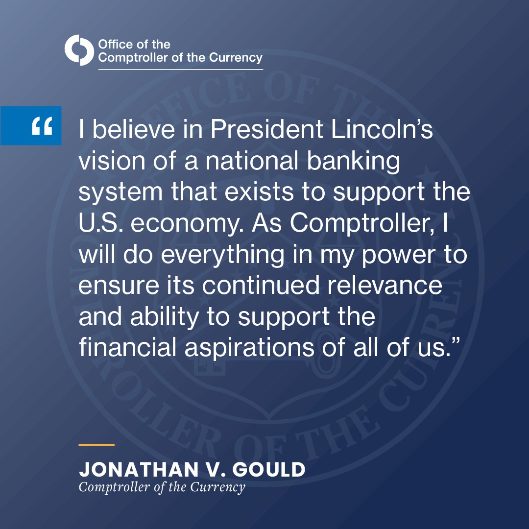 USOCC's tweet image. Jonathan V. Gould today became the 32nd Comptroller of the Currency. Read his statement upon becoming Comptroller at occ.gov/news-issuances….