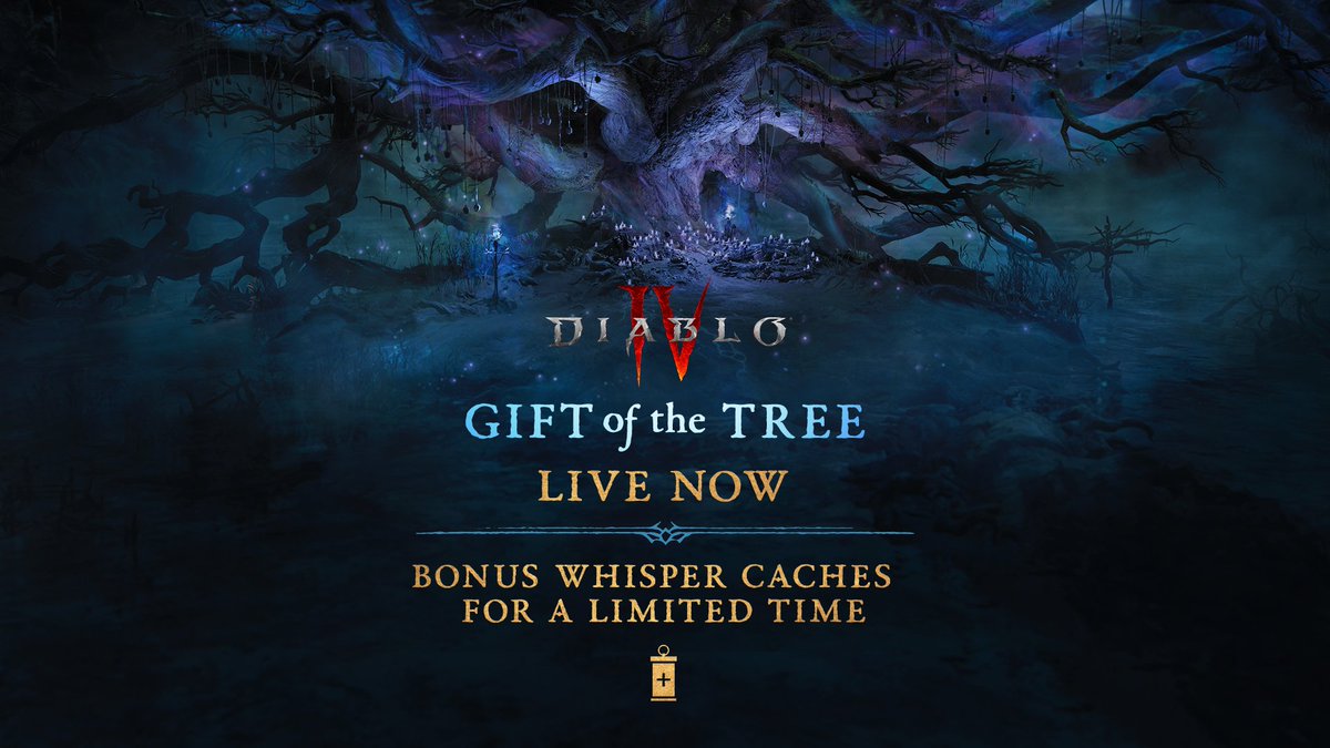 Diablo's tweet image. The Tree speaks, and the Wanderer listens.
Earn bonus Whisper Caches in the Gift of the Tree event, live in #DiabloIV now