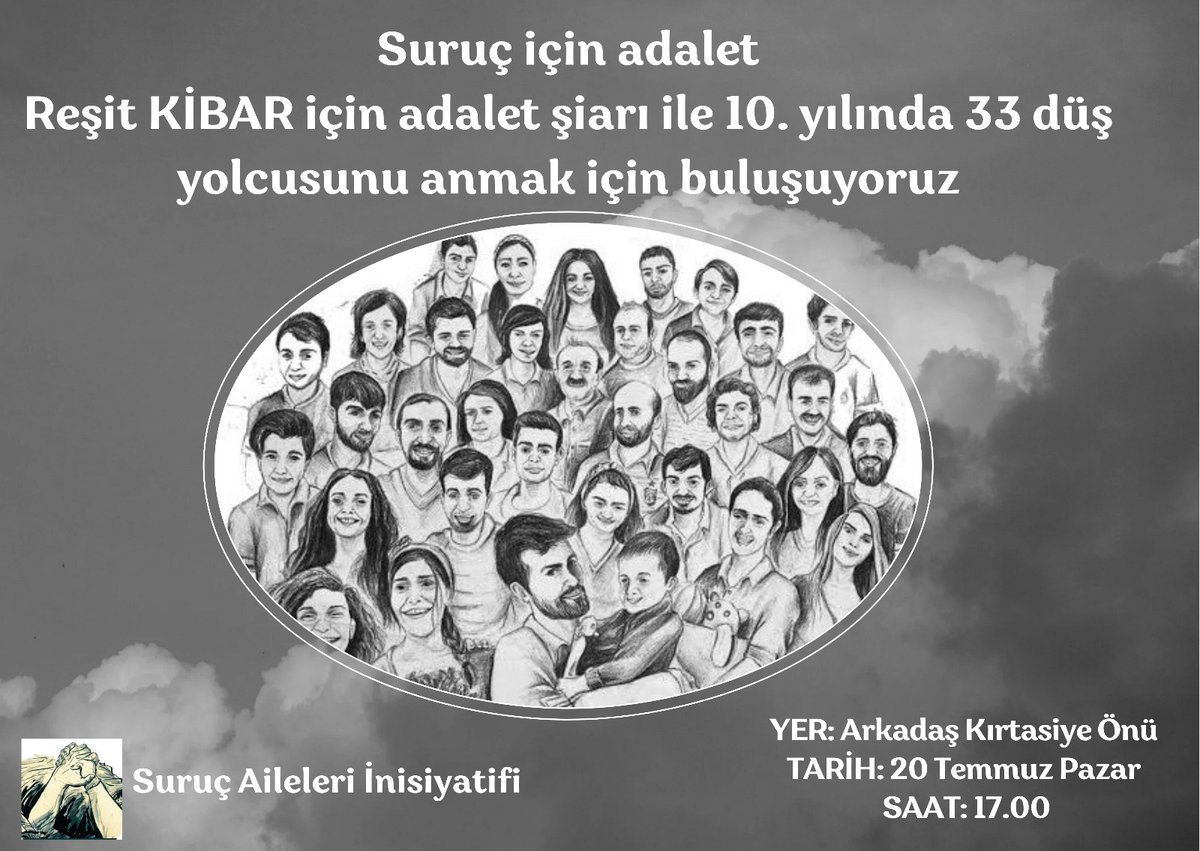 RizeESP's tweet photo. 20 Temmuz pazar günü Suruç için adalet Reşit Kibar için adalet talebimiz ile 33 düş yolcusunu anmak için Fındıklı da buluşuyoruz. https://t.co/NPPS2Cd12g