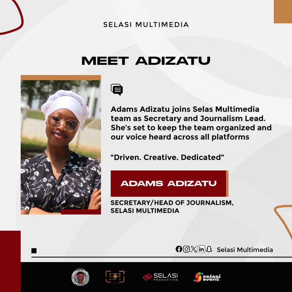 EventSelasi's tweet photo. 📢📢 Official Announcement 📢📢

We’re proud to officially welcome Adams Adizatu to @SelasiMultimed1 
She joins as our new Secretary and Head of Journalism, ready to elevate our voice and structure.

🎯 Driven. Creative. Dedicated

We can’t wait to build with her. https://t.co/7Uy8LByEaC