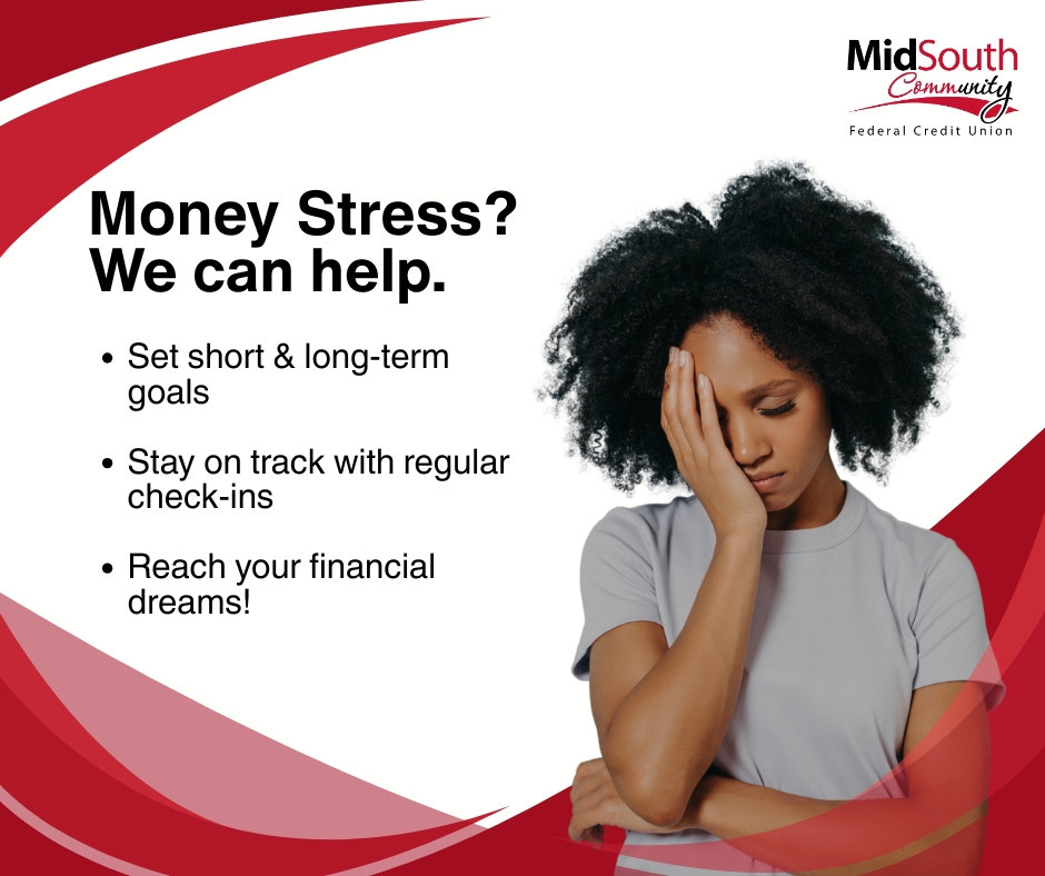 💸 According to Forbes, 66% of adults say money is a top source of stress—but it doesn’t have to be.

Take control with a free financial check-up from our team. 

Learn more 👉 midsouthfcu.org/blog/how-is-yo…
#MidSouthCommunityFCU #FinancialWellness #MoneyStress