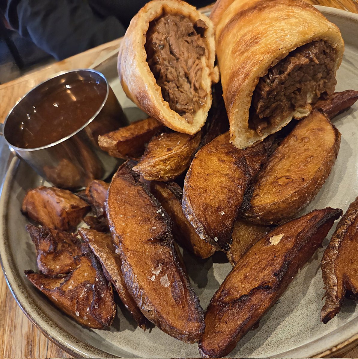 unwantedgherkin's tweet image. Behold the Yorkshire pudding burrito, filled with beef brisket!  I had the Bang Bang Chicken. Both delicious 😋 #dinner #Howarth