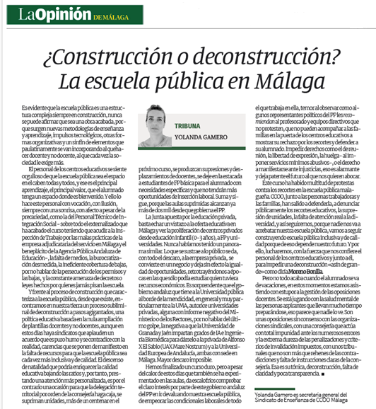 Me publican en <a href="/opiniondemalaga/">La Opinión de Málaga</a> este artículo sobre la #educación #pública en #Málaga. Habría mucho más que decir sobre ella, pero es clara la intención de la <a href="/EducaAnd/">Consejería Desarrollo Educativo y FP</a> y la <a href="/UniversidadAnd/">Consejería Universidad, Investigación e Innovación</a> de ir acabando con ella poco a poco.

laopiniondemalaga.es/opinion/2025/0…