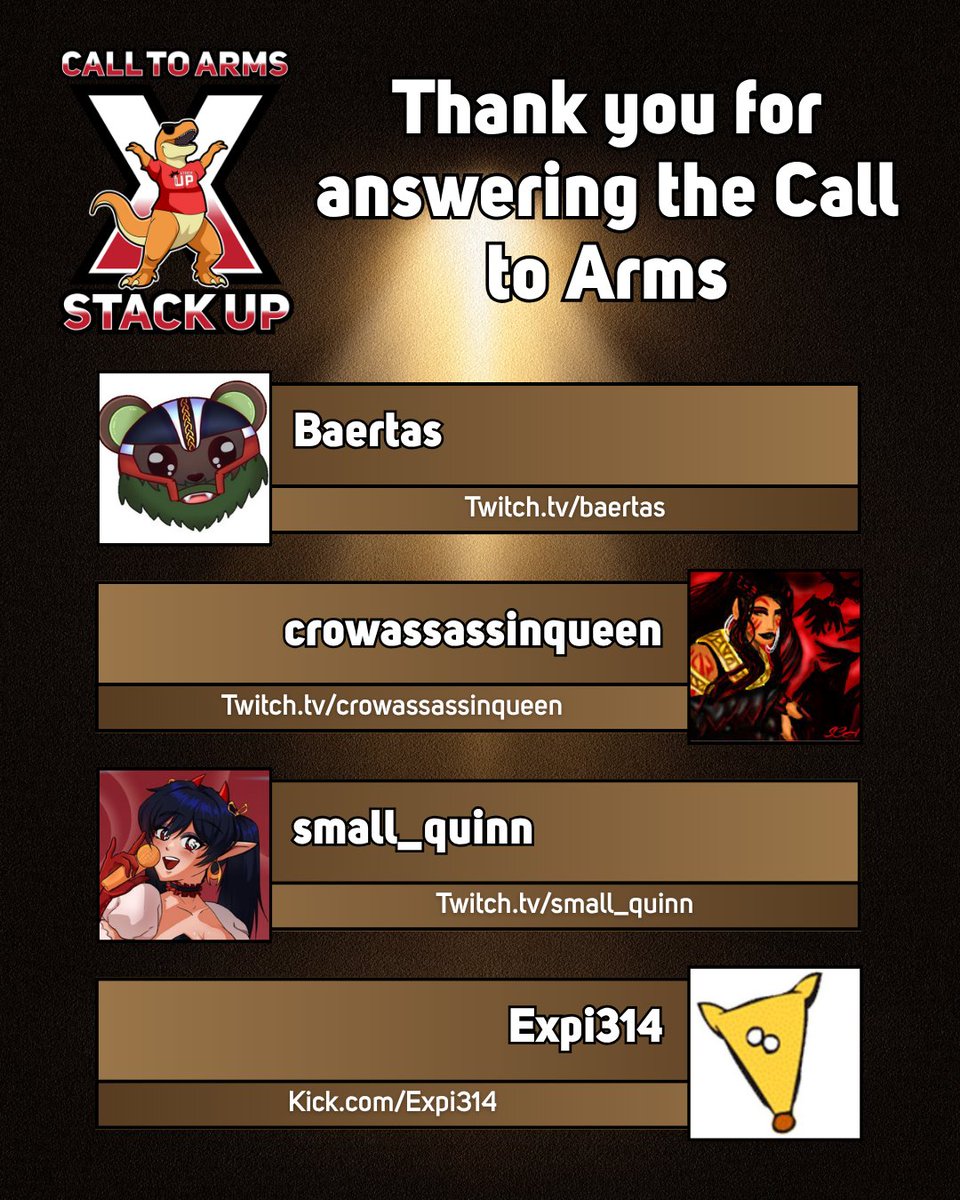 Stack Up Rex (@stackuprex) on Twitter photo Thank you for supporting <a href="/StackUpDotOrg/">Stack Up</a>'s mission of bettering Veteran mental health through the power of gaming!
<a href="/TheBaertas/">Baertas</a> | Twitch.tv/baertas
crowassassinqueen | Twitch.tv/crowassassinqu…
<a href="/small_quinnVT/">Quinn🇵🇷😈 Demon Queen Vtuber</a> | Twitch.tv/small_quinn
<a href="/itspi314/">Expi314🍺🏖🏖🏝</a> | Kick.com/Expi314 Thank you for supporting <a href="/StackUpDotOrg/">Stack Up</a>'s mission of bettering Veteran mental health through the power of gaming!
<a href="/TheBaertas/">Baertas</a> | Twitch.tv/baertas
crowassassinqueen | Twitch.tv/crowassassinqu…
<a href="/small_quinnVT/">Quinn🇵🇷😈 Demon Queen Vtuber</a> | Twitch.tv/small_quinn
<a href="/itspi314/">Expi314🍺🏖🏖🏝</a> | Kick.com/Expi314
