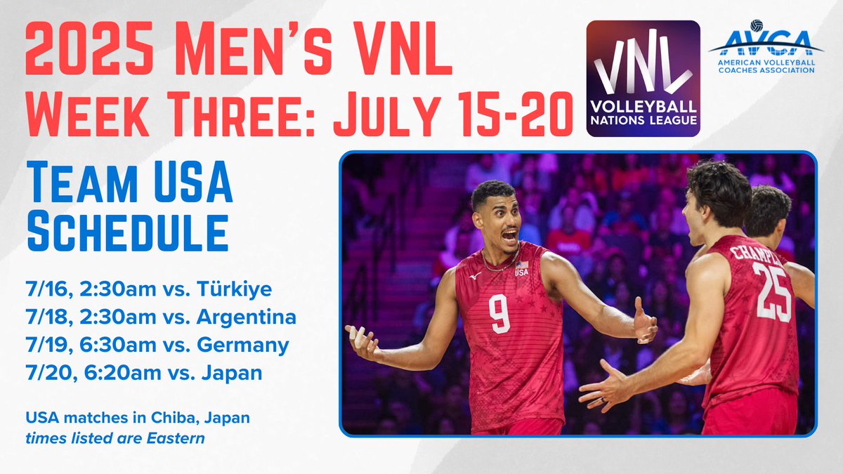 AVCAVolleyball's tweet image. We’re down to the final week of Men’s Volleyball Nations League qualifying!
The @usavolleyball men play in Japan as part of the last round of pool play, which starts late tonight.
Check out U.S. Week Three matches on VBTV & @CBSSports.
en.volleyballworld.com/volleyball/com…
#WeAreAVCA #VNL2025