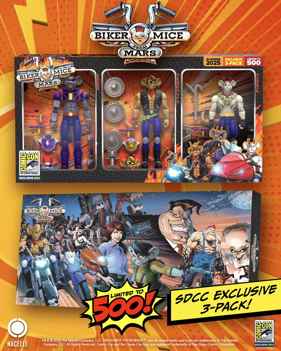 toysthatmadeus's tweet image. We hope you like hot dogs, San Diego @comic_con! We’re bringing some insanely cool SDCC exclusives with us and they’ll be available only at the @nacellecompany booth 2547! 

Get a FREE collectible Biker Mice magnet with every purchase! 

Thanks @screenrant for dropping the news!