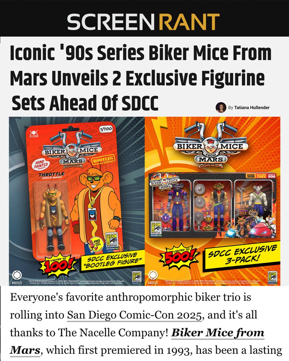 toysthatmadeus's tweet image. We hope you like hot dogs, San Diego @comic_con! We’re bringing some insanely cool SDCC exclusives with us and they’ll be available only at the @nacellecompany booth 2547! 

Get a FREE collectible Biker Mice magnet with every purchase! 

Thanks @screenrant for dropping the news!