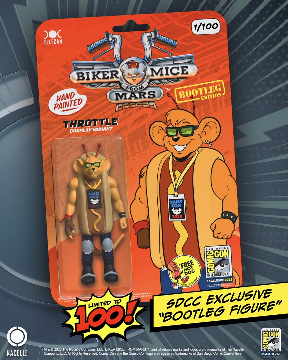 toysthatmadeus's tweet image. We hope you like hot dogs, San Diego @comic_con! We’re bringing some insanely cool SDCC exclusives with us and they’ll be available only at the @nacellecompany booth 2547! 

Get a FREE collectible Biker Mice magnet with every purchase! 

Thanks @screenrant for dropping the news!