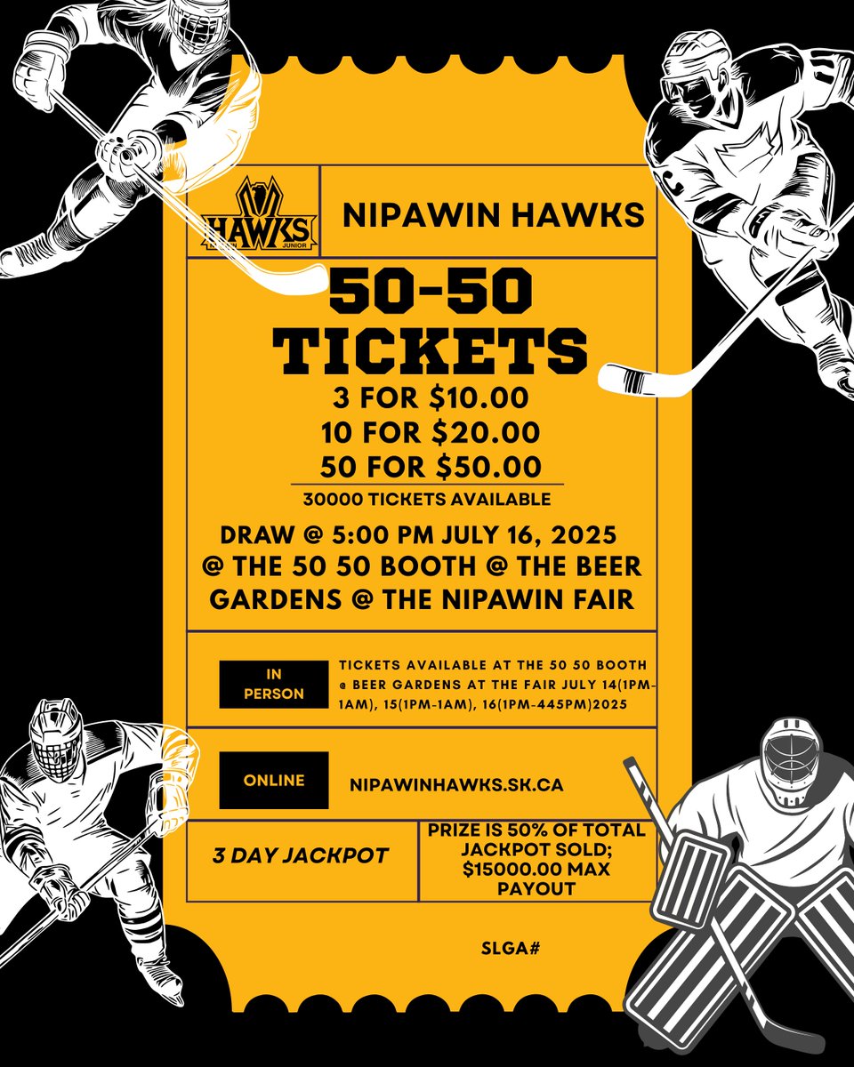 Hawks fans — our 50/50 is LIVE! Payout could hit $15,000 💰Support your team + take your shot at a big win!  Get your tickets now:sk.tap5050.com/apex/f?p=127:1…
 Let’s go Hawks!   #Hawks5050 #SJHL