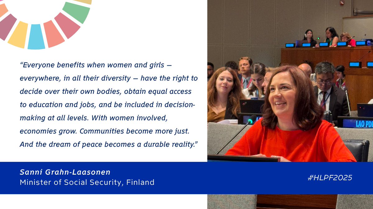 Finland 🇫🇮 stands firmly for #GenderEquality. 

We know first-hand that gender equality is necessary – no society can reach its full potential with involving only half of its population.

ℹ️Minister <a href="/sannigrahn/">Sanni Grahn-Laasonen 🇺🇦</a> statement at #HLPF on #SDG5 and interlinkages with other #SDGs