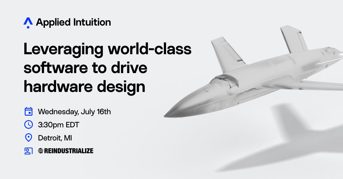 AppliedInt's tweet image. We'll be at @reindsummit in Detroit this week!
Join us to hear how the Defense Department can accelerate hardware development through data-driven design and simulation.
Do the hard learning in software, so you don’t have to redo the hardware💡
#reindustrialize #defensetech