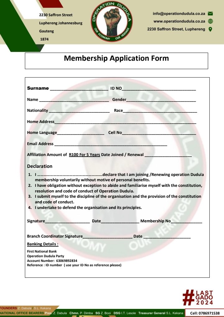 From clinics, schools, SASSA pay points, housing, employment, and business opportunities — Operation Dudula is on a mission to reclaim South Africa for its rightful citizens. 🇿🇦

From now until the 2026 local government elections, we will take back our country one piece at a time