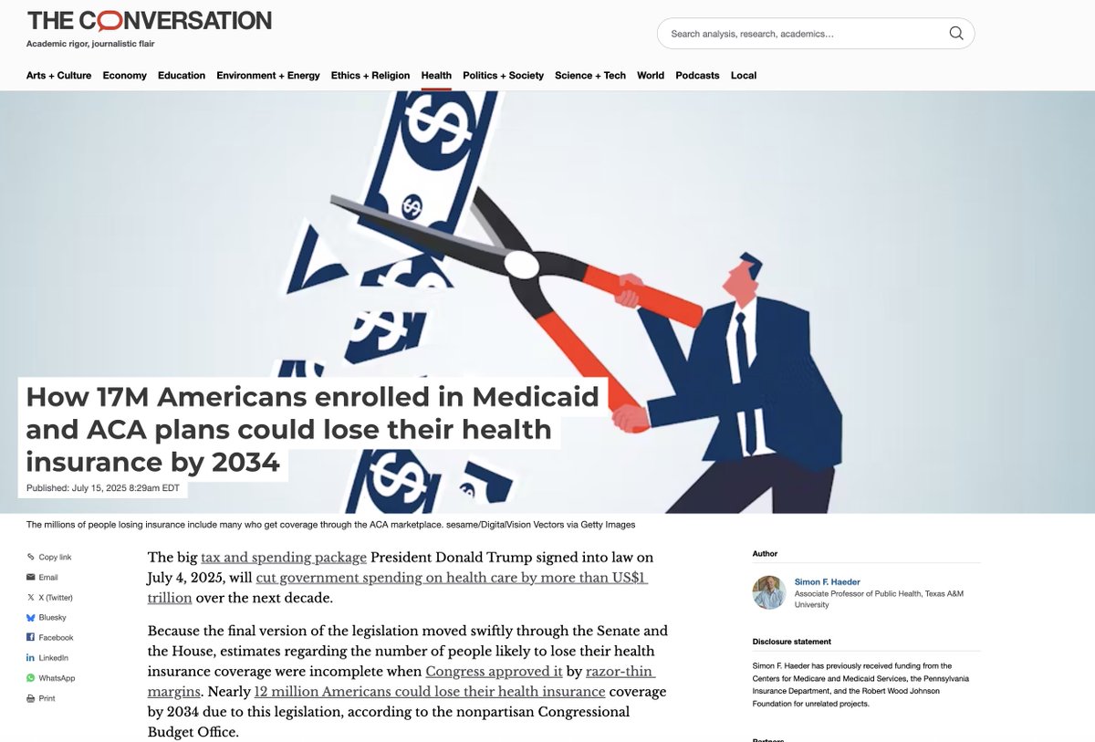 Simon F. Haeder (@simonfhaeder) on Twitter photo New article out in <a href="/ConversationUS/">The Conversation U.S.</a> with an outlook on US healthcare post OBBBA
How 17M Americans enrolled in Medicaid and ACA plans could lose their health insurance byĀ 2034
theconversation.com/how-17m-americ⦠New article out in <a href="/ConversationUS/">The Conversation U.S.</a> with an outlook on US healthcare post OBBBA
How 17M Americans enrolled in Medicaid and ACA plans could lose their health insurance byĀ 2034
theconversation.com/how-17m-americā¦