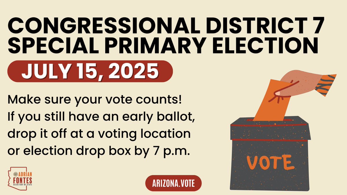 AZSecretary's tweet image. You can still return your early ballot! Head to a voting location or secure election drop box by 7 p.m. to drop off your Congressional District 7 Special Primary Election early ballot. It's passed the recommended time to mail back your early ballot but you can visit…