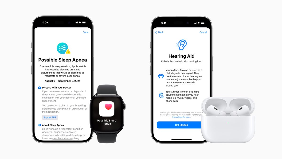 tim_cook's tweet image. The Hearing Test and Hearing Aid features on AirPods Pro 2 and sleep apnea notifications on Apple Watch are now available in Australia, Indonesia, Taiwan, Vietnam, and more!
