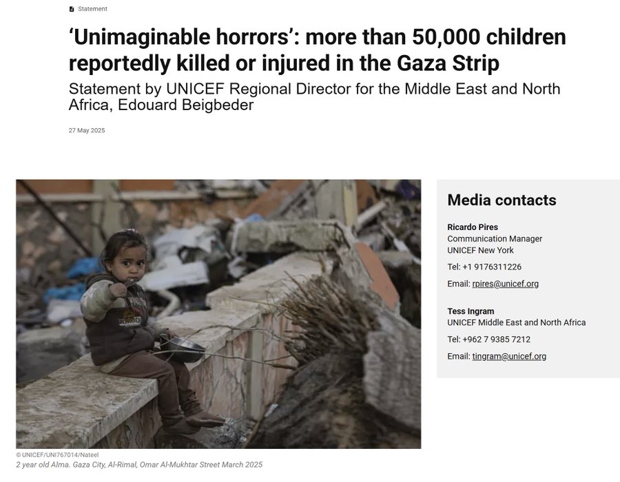 Penalosa_G's tweet image. UNICEF statement: ‘Unimaginable horrors’: more than 50,000 children reportedly killed or injured in the Gaza Strip.'
Cities for children? Please, demand your gov. to stop supporting this genocide.
Do it for 2 year old Alma in Gaza City, for the many thousands children murdered.