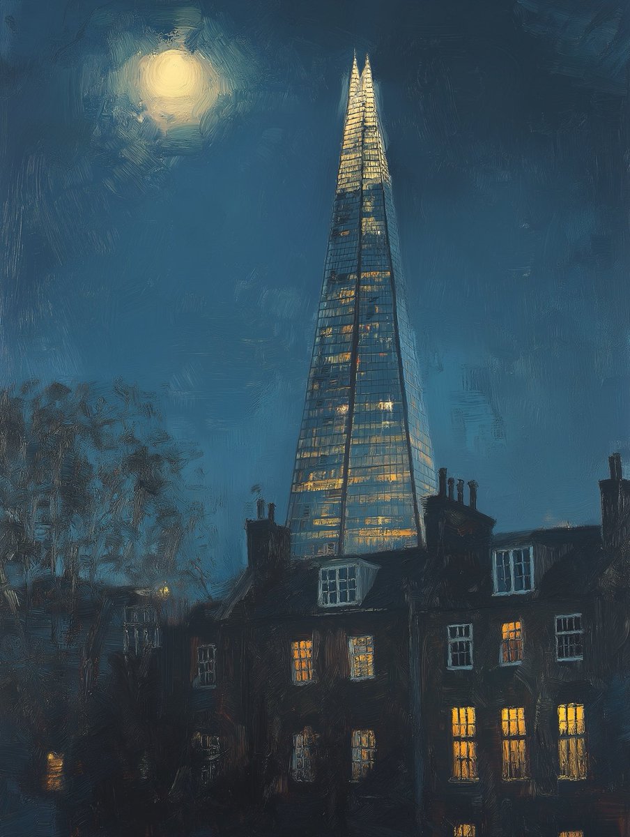 Moonlight on the Shard
#Art #Painting #Oilpainting #Landscape #LondonShard #NeoRomanticism
#TudorMeetsModern
#PrussianBlue #ImpastoPainting #GlazingTechnique