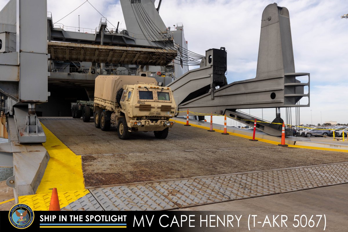 MSCSealift's tweet photo. This week’s “Ship in the Spotlight,” is @mscsealift chartered Motor Vessel Cape Henry.  The crew worked with soldiers from 8th Theater Sustainment Command and 599th Transportation Brigade to offload military vehicles and equipment as part of exercise Talisman Sabre 25. https://t.co/oC2SdU5XE2